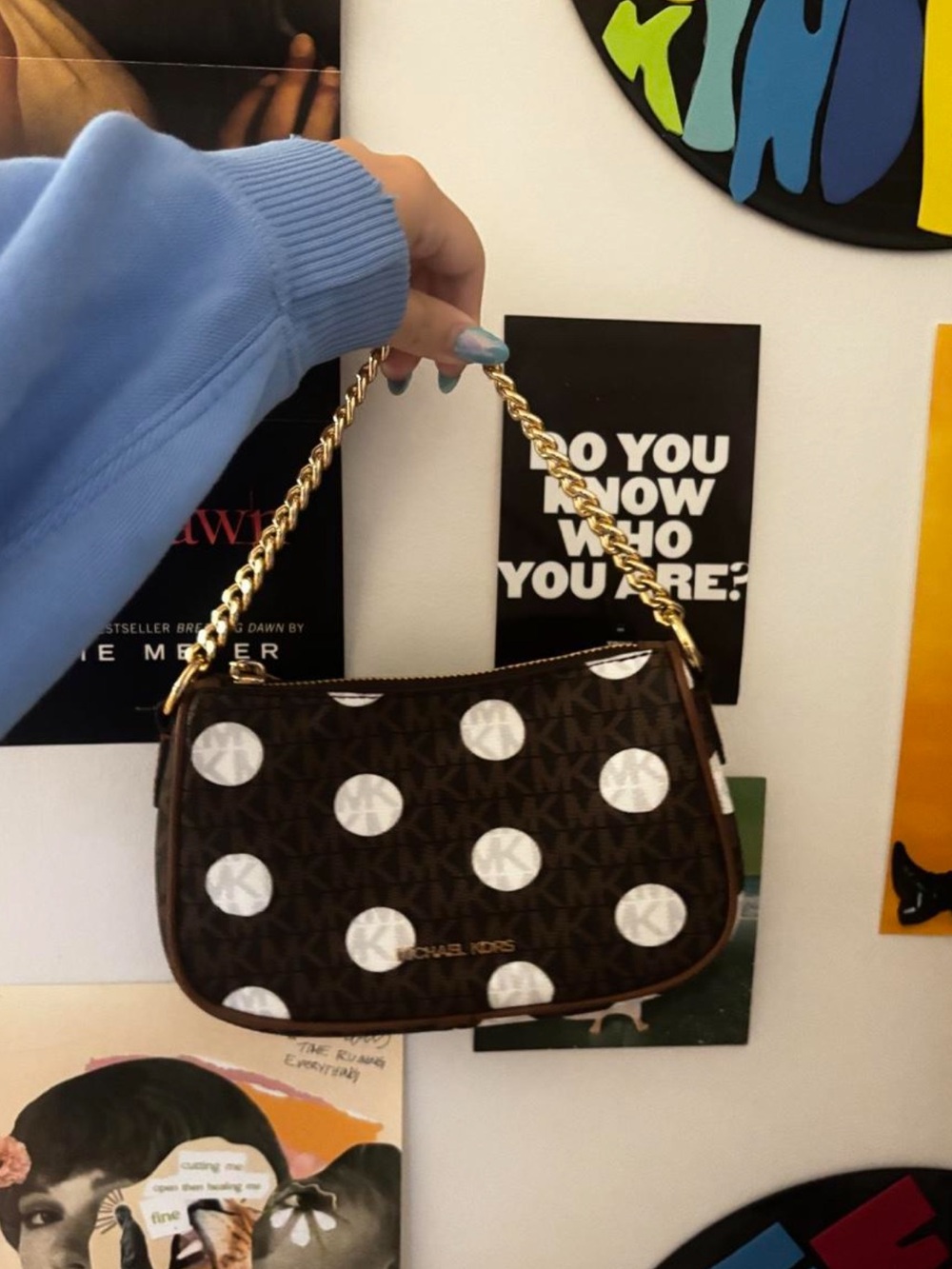 Michael Kors Brown Logo Polka Dot Shoulder Bag with Gold Chain
